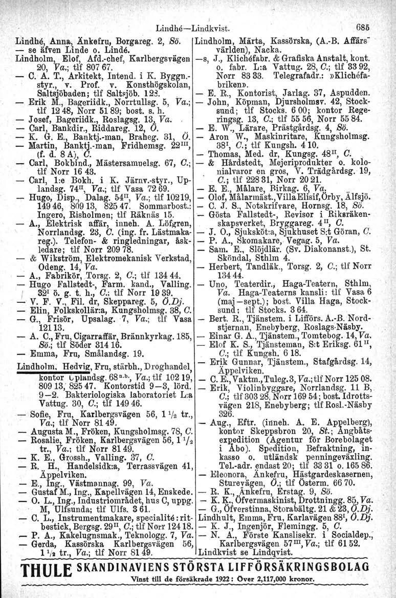 I Lindhe-e-Lindkvist, 685 Lindhe, Anna., Änkefru, Borgareg. 2, Bö. Lindholm, Märta, Kassörska, (A.-B. Affärs". - se äfven Linde o. Linde., världen), Nacka. Lindholm'v Elof, Afd.