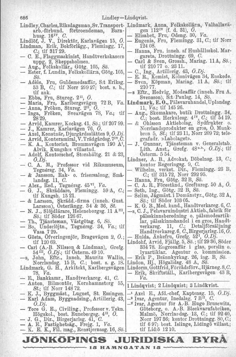 686 Lindley-e-Liudqvist. Lindley, Charles, Riksdagsman, Sv. 'I'ransport- Lindmark, Anna, Folkskollär:a, Valhallavä arb-förbund. förtroendeman, Barn- gen 112 1v (f. d. 31), O. husg. 161v, O.