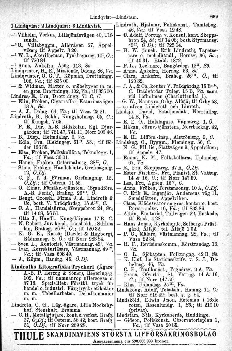 Lindqvist- Lindstern.,c." ",.,'" ~~ ~_ 1 Lindqvist; 2 Lindquist; 8 Lindkvist. Lindroth, Hjalmar, Poliskonst.,. 46, Va.; tlf Vasa 1248., _1 Vilhelm, Verkm., Lillsjönäsvägen 40, Ulf- - e. Adolf, Portug.