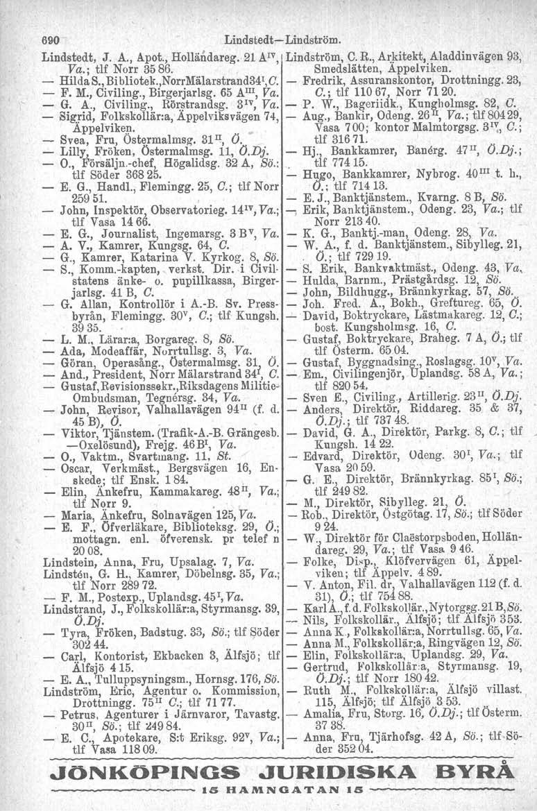 690 Lindstedt- Lindström. Lindstedt, J. A., Apot., Holläådareg. 21 Alv, Lindström, C. R., AJ:!dtekt,.Aladdinvägen 93~ Va.; tif Norr 3586. Smedslätten, Appelviken, - HildaS., Bibliotek.