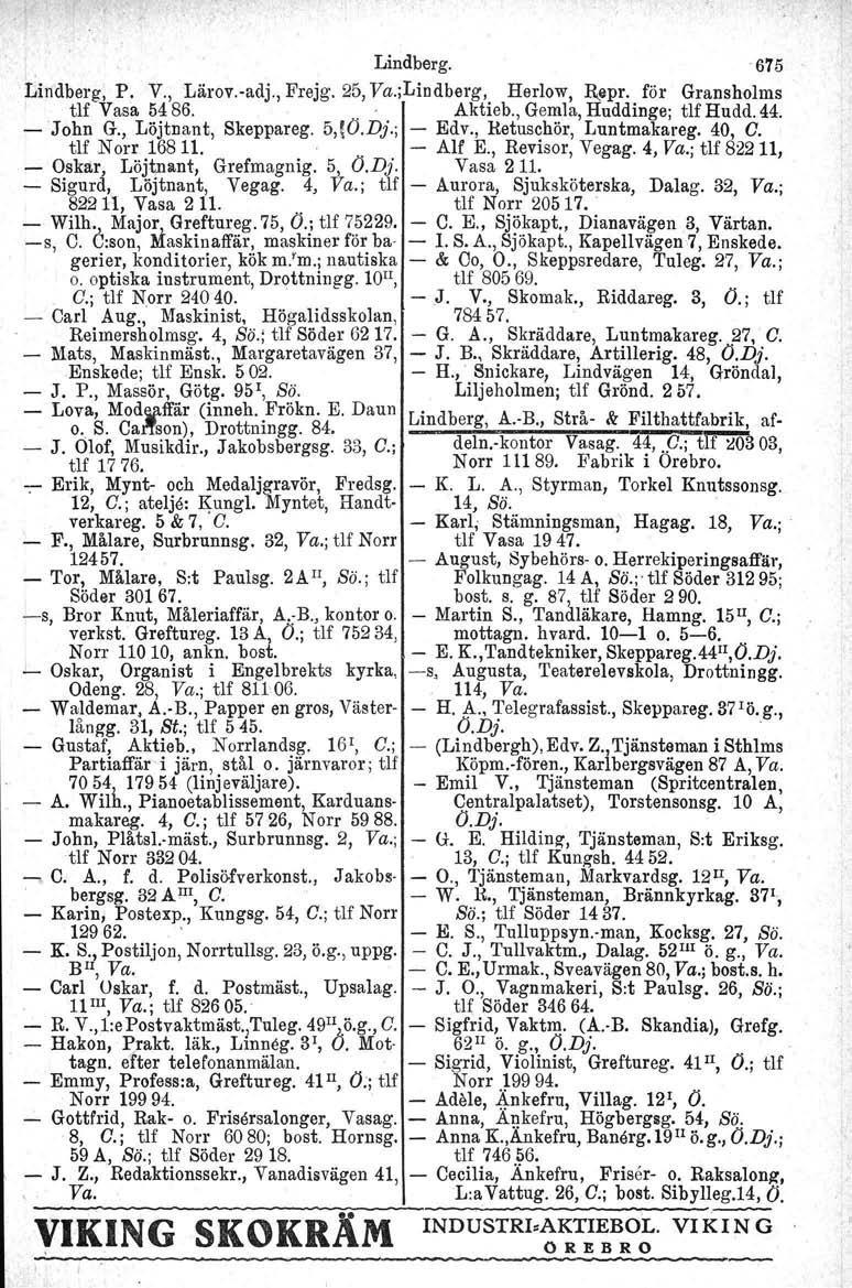 Lindberg. 675 Lindberg, P. V., Lärov.-adj., Frejg. 25, Va.;Lindberg, Herlow, Repr. för Gransholms tlf Vasa 5486.... Aktieb., Gemla, Huddinge; tlf Hudd. 44. -John G., Löjtnant, Skeppareg. 5,{O.Dj.