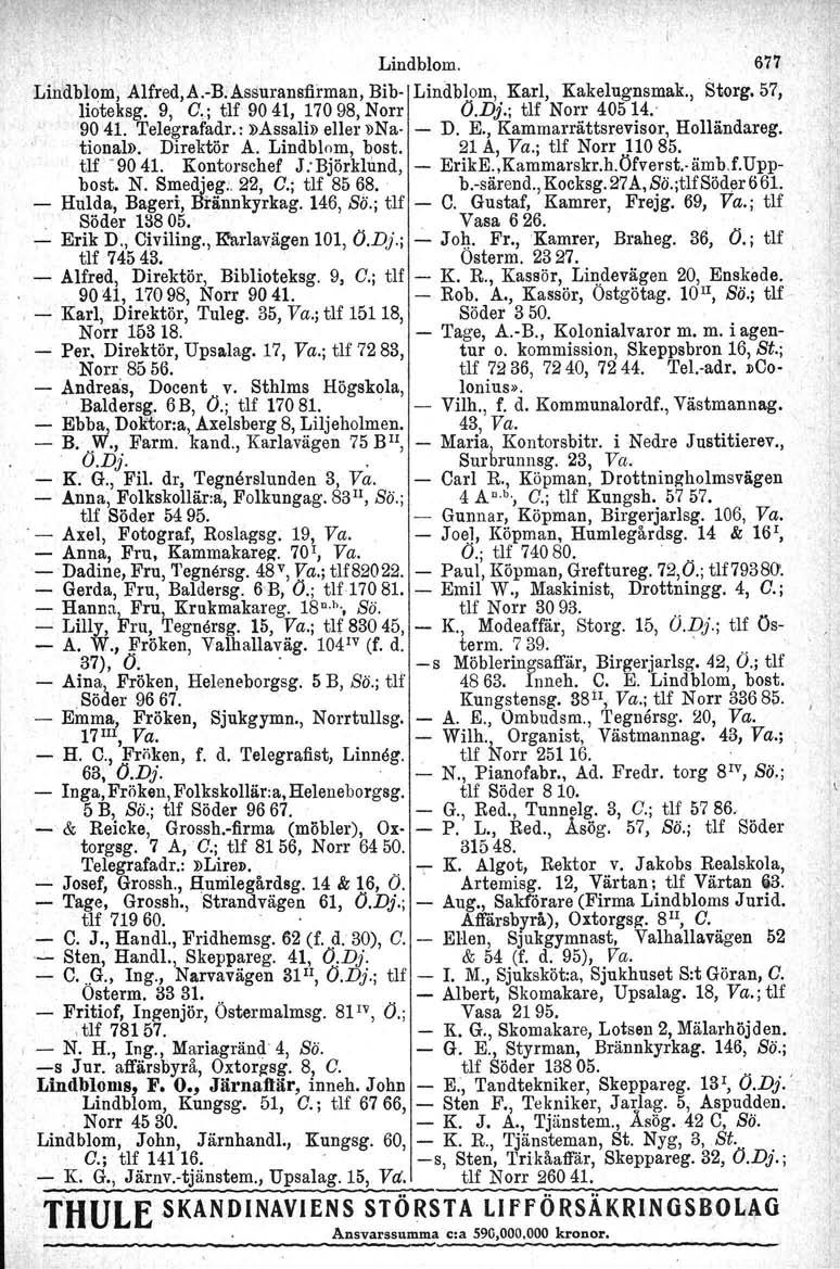Lindblom. Lindblom, Alfred,A.-B.Assurans:firman, Bib- Lindblom, Karl, Kakelugnsmak., lioteksg.9, O,; tif 9041, 170 98, Norr O.Dj.; tlf Norr 40514. 9041. Telegrafadr. :»Assali» eller DNa - D. E.