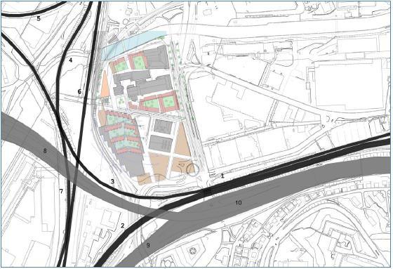 RISKANALYS FÖR GAMLESTADENS FABRIKER 23 Figur 9. Gamlestaden ligger placerad i närheten av en stor mängd infrastruktur där farligt gods transporteras. Figur hämtad från WSP (2014).