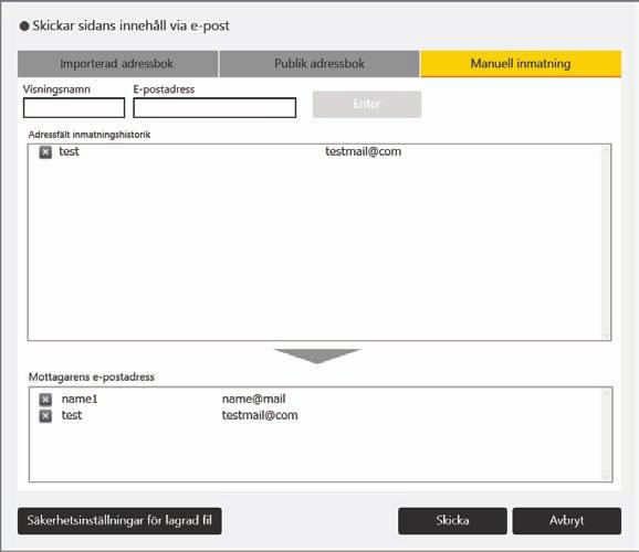 Hantera en fil SV DQP101 3. Tryck på [Enter]. Mottagarens namn och e-postadress läggs till i listan "Mottagarens e-postadress".