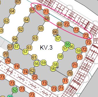 Övriga fasader är bullerskyddade och utsätts för ekvivalenta ljudnivåer under db(a). Riktvärden kan då innehållas. Figur 6 Kv. 3. Utsatt fasad mot norr markerat i rött.