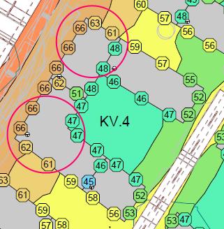 Figur 7 Kv. 4. Utsatta hörn markerade i rött. Till vänster: Ekvivalent ljudnivå vid värst utsatt del av fasad (frifältsvärde).