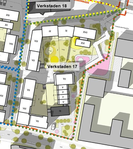 Verkstaden 17 samt del av Inom Verkstaden 17 samt del av planeras två nya bostadskvarter, se figur 3. Inom bostadskvarteret i norr planeras även en förskola och en lekplats.