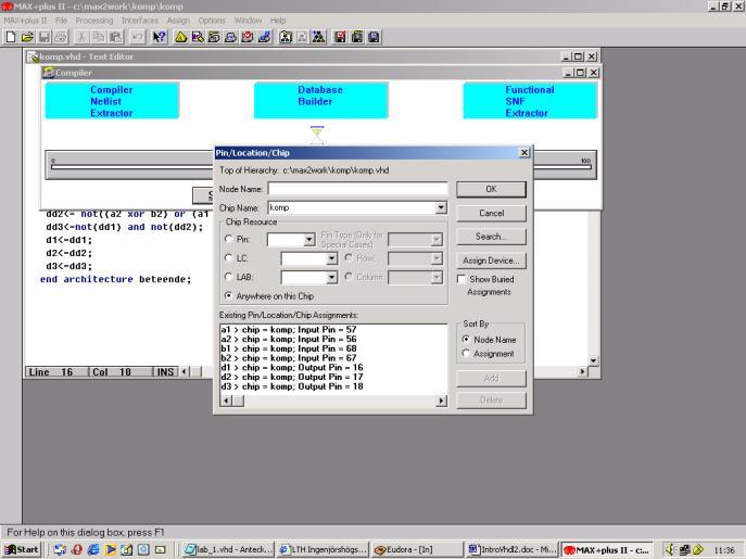 Kompilering av projektet till Altera kapsel 21. Välj MAX+PLUS II Compiler. Välj Processing-Timing SNF Extractor. Välj Assign Device EPM7128SLC84-15. (kapseln på kortet). 22.