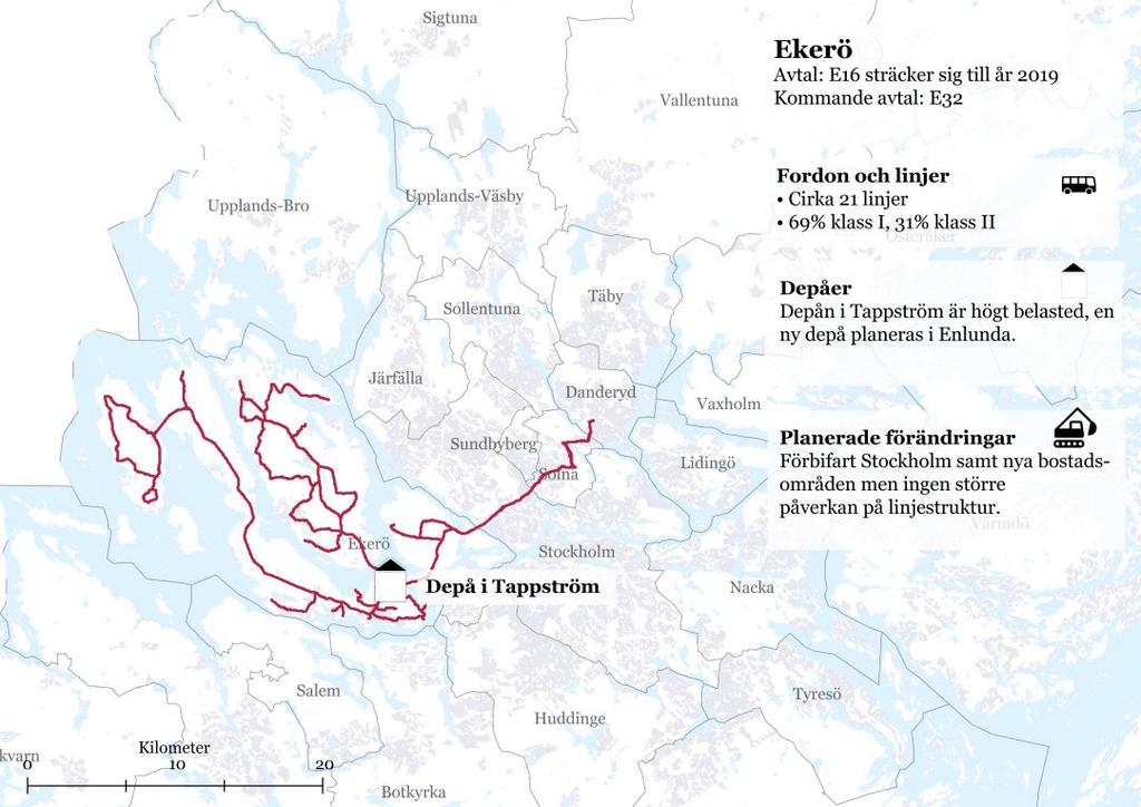 54(127 6.8 Avtalsområde Ekerö (E16, kommande E32 Trafiken har nyligen upphandlats och det nya avtalet E32 har trafikstart juni 2019 och 10 års avtalstid. I upphandlingen ställdes inga krav på eldrift.