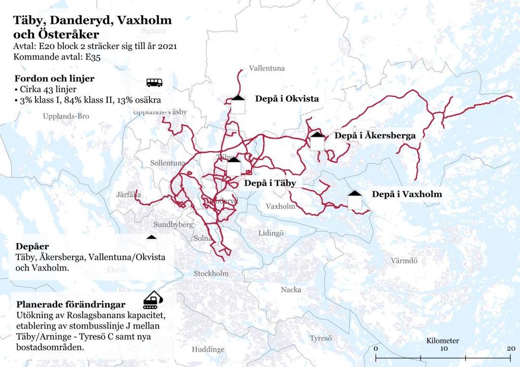 55(127 6.9 Avtalsområde Täby, Danderyd, Vaxholm och Österåker (E20 block 2, kommande E35 Busstrafiken drivs idag med 250 bussar, där en majoritet är klass II.