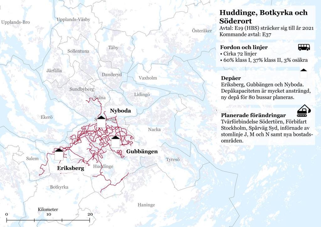57(127 6.11 Avtalsområde Huddinge, Botkyrka och Söderort (E19 HBS, kommande E37 Busstrafiken drivs med 334 bussar och en stor del av trafiken sker i tätbebyggda områden.