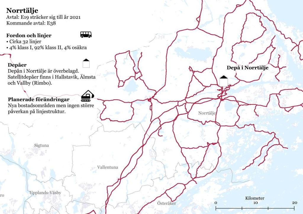 58(127 6.12 Avtalsområde Norrtälje (E19 B, blivande E38 Busstrafiken drivs med 111 bussar och området har kommuntrafik, landsbygdslinjer och pendlingstrafik till Stockholm.