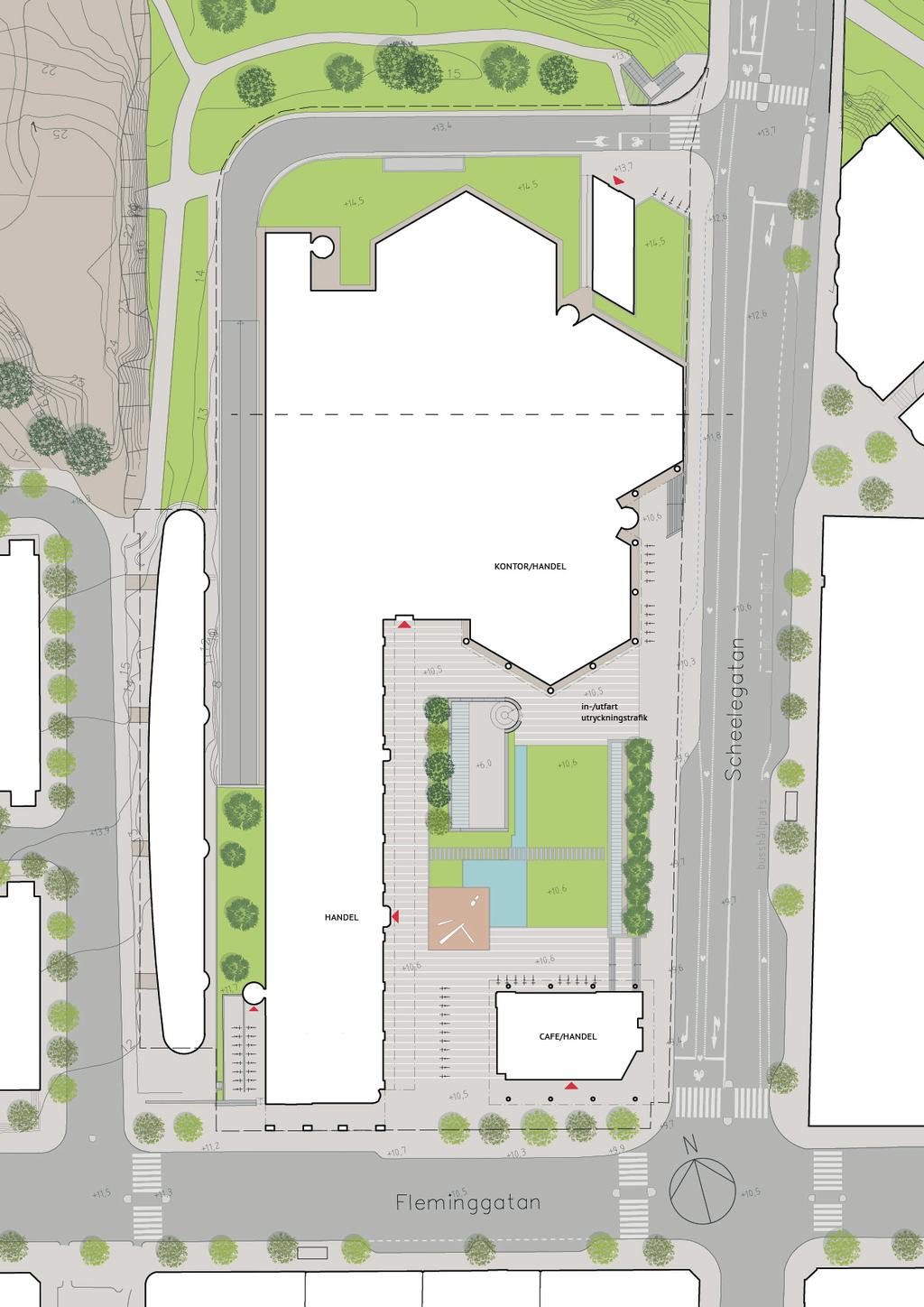 Situationsplan över markplan Nuvarande gatuutformningar längs Scheelegatan och fastighetsinfarten brister vad gäller tydlighet och trygghet för gående och cyklister och bör därför åtgärdas.