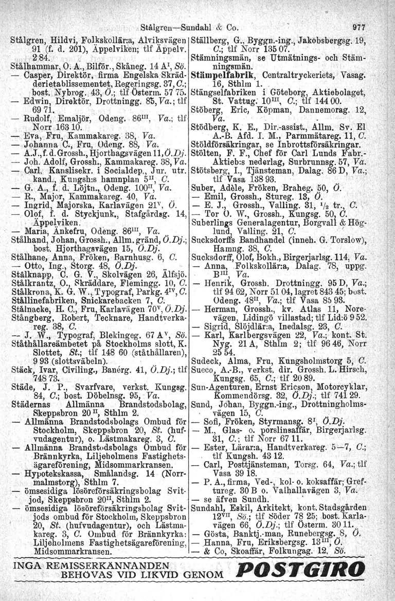 .Stålgren-Sundahl,,& Ca. '...977, > Stålgren, Hildvi, Fol}l:skollär:a, Alvi~.svägen Ställberg, G.; Byggn-Ing. Jakobsbergag. 19, 91 (f. d. 201), Appelviken; tlf Appelv. O.; tlf Norr 13507. " ",284.