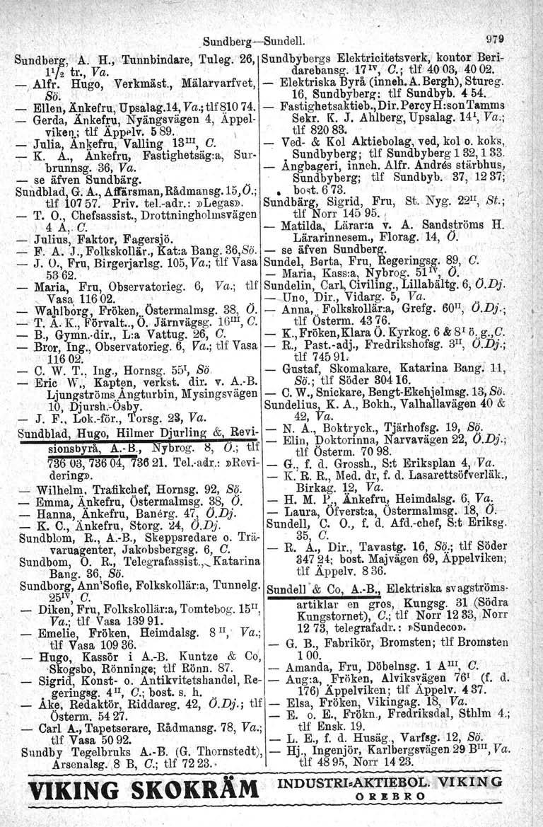 -. Sundberg-Sundell. ~79 Sundberg;,'l. H., 'Jiunnbindare, 'I'uleg. 26, Sundbybergs Elektricitetsverk; kontorberi-. 11/2 tr., Va. '.' darebausg. '17 Iv, C.; tlf4003" 4002. -,Alfr. Hugo, Verkmäst.
