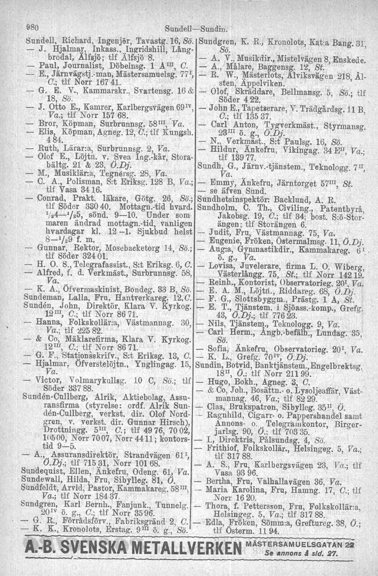 980 Sundell-Sundin. Sundell, Richard, Ingenjör, Tavastg. 16, Sö. Sundgren, K. R., Kronolots, Kat:a Bang. 31,. - J. Hjalmar Inkass. Inzridshill, Lång- Sö.. brodal, Älfsjö; tlf Älfsjö 8.. - A. V.
