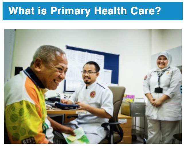 En global rörelse At its heart, primary health care is about caring for people, rather than simply treating specific diseases or conditions.