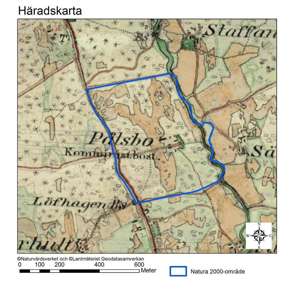 Natura 2000-område Natura 2000-kod Diarienummer Sida 23 av 24 Häradskartan, från slutet av 1800-talet, visar att området troligtvis varit mer trädklätt än vad det är idag, främst de delar som är