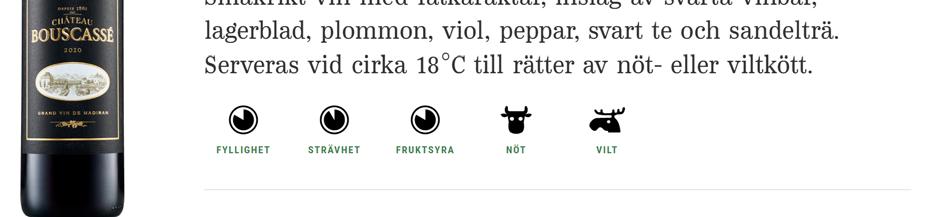 4 Alkoholhalt 13,5 % Färg Tät, mörk, rödblå f ärg. Doft Ny anserad dof t med fatkaraktär, inslag av svarta vinbär, plommon, lagerblad, viol, peppar och sandelträ.