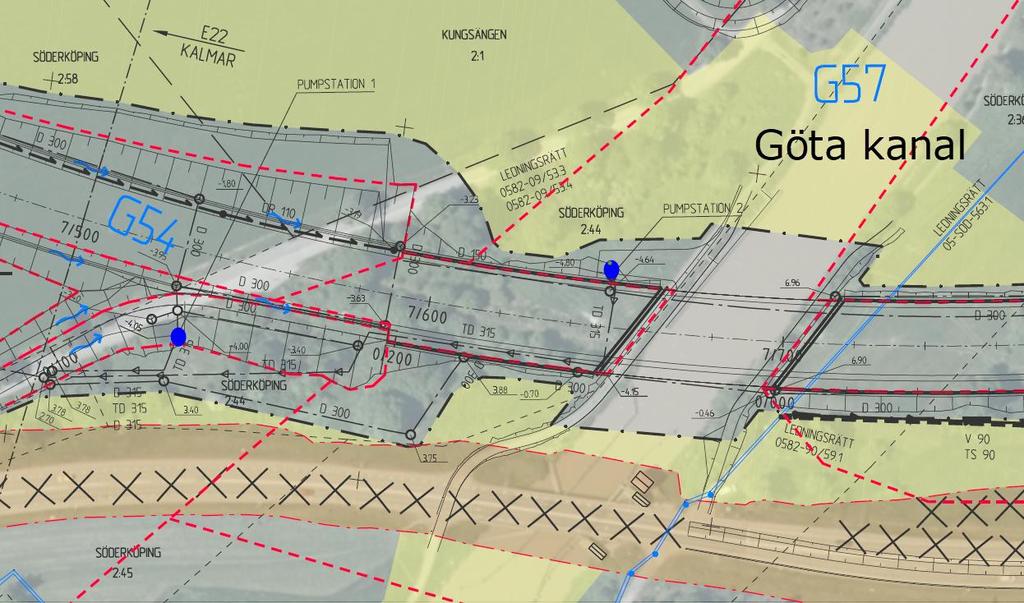 22 (32) Pumpstationer Två pumpstationer planeras för nya vägplanen i anslutning till akvedukten, se Figur 11 Dimensionerande regn för pumpstation 1 vid km 7/585 har antagits till 10 års återkomst tid.