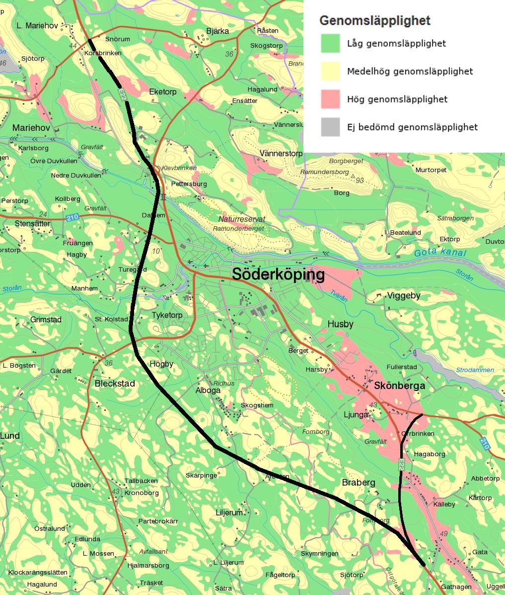 8 (32) Figur 3 Genomsläpplighet i jordlager från SGU s Kartvisare. Nya vägsträckningen redovisas ungefärligt med en tjock, svart linje. Yt- och grundvattenförekomster 2.3.1 Grundvatten Befintlig vägsträckning av E22 korsar område med grundvattenförekomst samt tangerar Söderköpings vattenskyddsområde i sydvästra hörnet, se Figur 4.