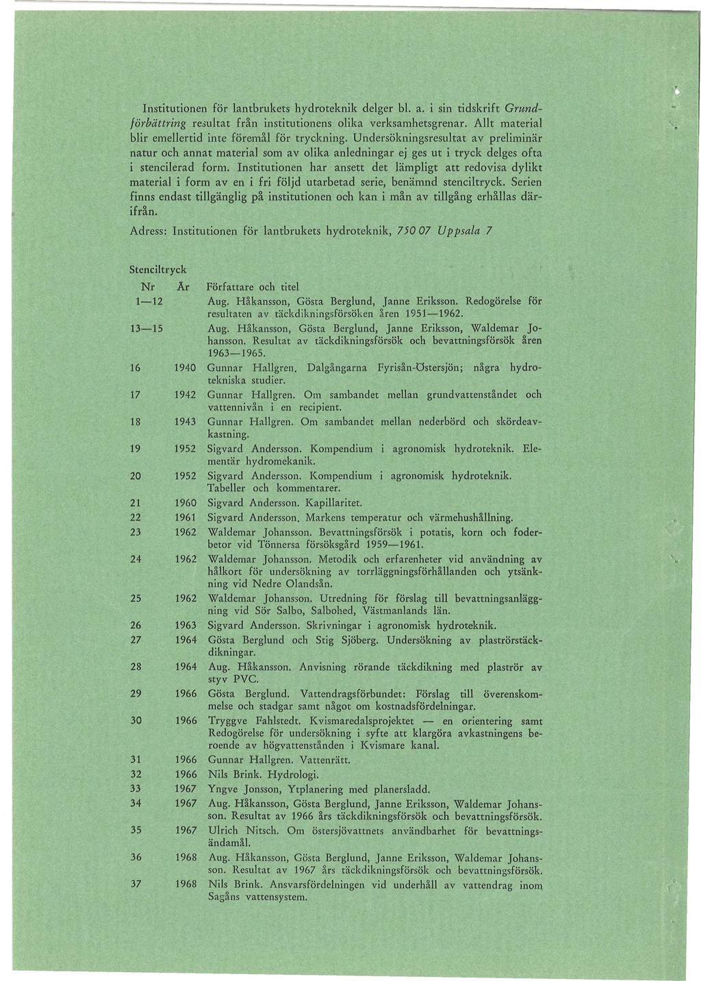 Institutionen för lantbrukets hydroteknik delger bl. a. i sin tidskrift Grundförbättring re~ultat från institutionens olika verksamhetsgrenar. Allt material blir emellertid inte föremål för tryokning.