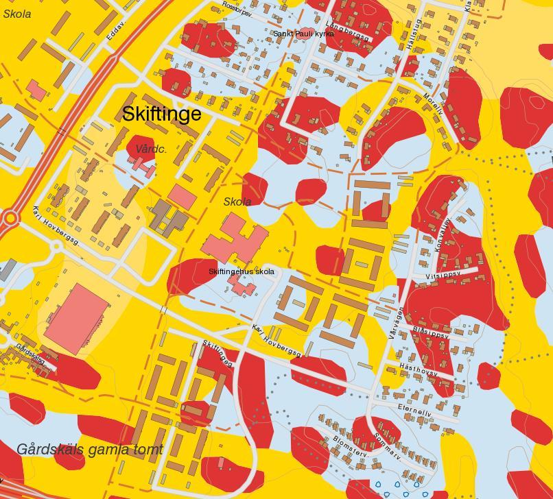Figur 3. SGU Jordartskarta. Gult = Glacial lera, ljusblått = sandig morän, rött = urberg. Källa: sgu.se (hämtad 2018-10-09). 1.