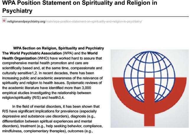 Moreira-Almeida et al., (2016). WPA Position Statement on Spirituality and Religion in Psychiatry.