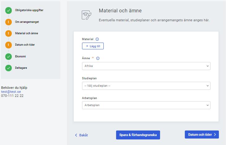 3. Steg Material och ämne innehåller information om cirkelns material.