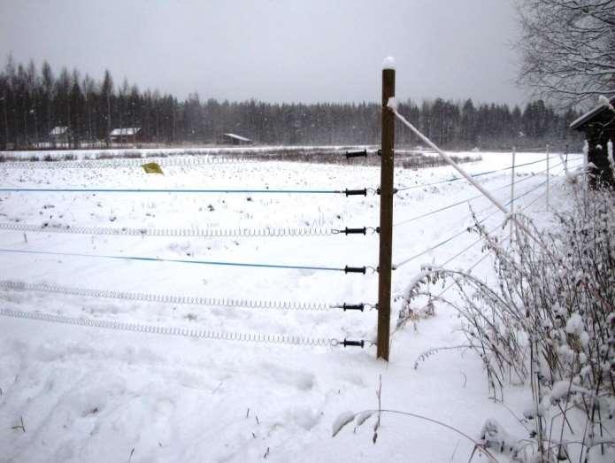 Till elstängslet för älg kommer det 4 stängselband, varav det nedersta bandet är 30 cm ovanför marken, följande 25 cm från det nedersta bandet och sedan två band till med 50 cm:s mellanrum.