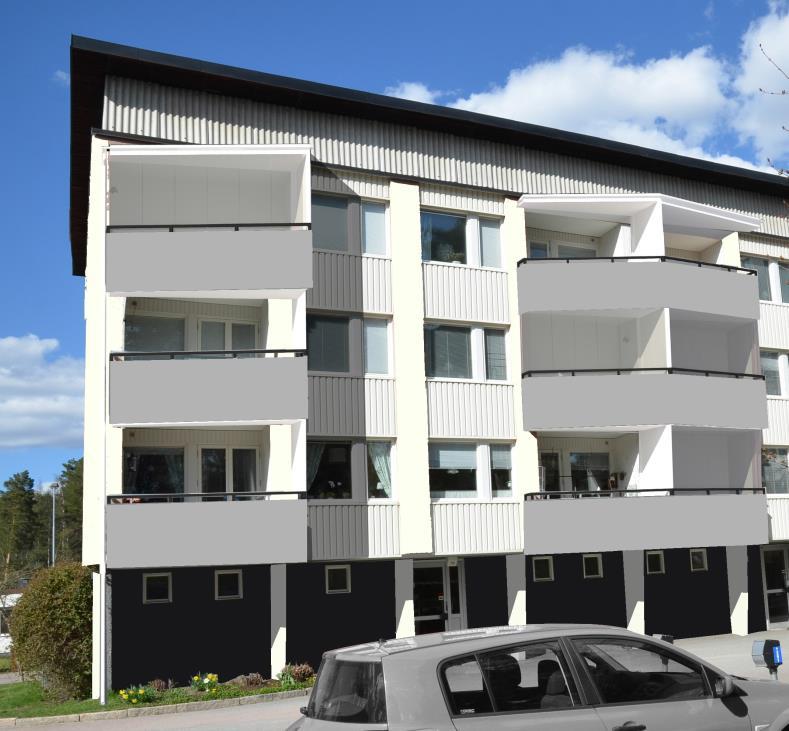 Lamellhus Förslaget till utbyggda balkonger och ny fasadkulör på lamellhusen inom Barrträdet 1. Utdrag från: Balkongrenovering. Brf. Kolarhagen, Anders Holmberg arkitekter, 170616.