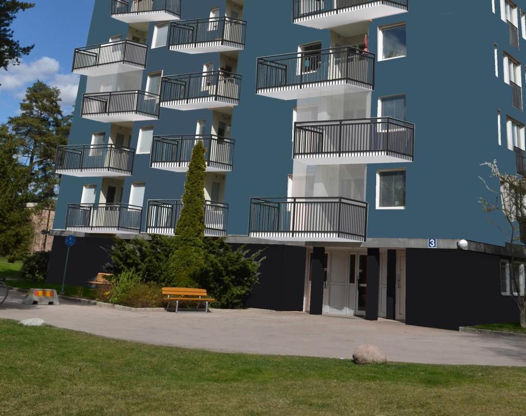Punkthus Förslaget till utbyggda balkonger, nya balkongfronter och ny fasadkulör på punkthusen inom Barrträdet 1 och Trädkronan 2. Utdrag från: Balkongrenovering. Brf.