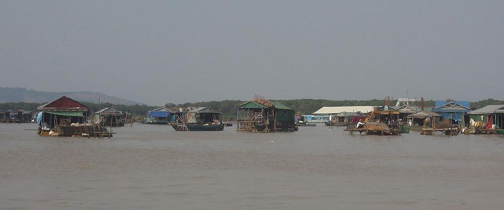 Byarma ute i Tonle Sap är flytande. Foto: Göran Pettersson mängder med skarvar och hägrar som kantade kanalen. Därtill några Grey-headed Fish Eagles och Spot-billed Pelicans.