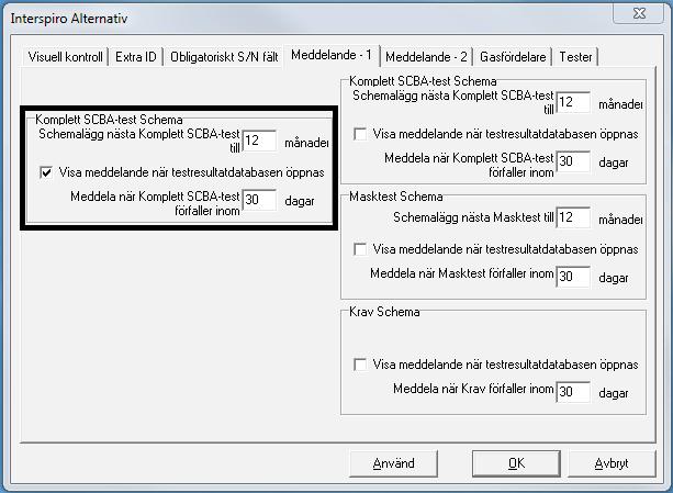 Säkerhetskopiering av resultatdatabasen (Ruta B) schemaläggningen för påminnelse om säkerhetskopiering av resultatdatabasen (standard inställning - 1 månad).