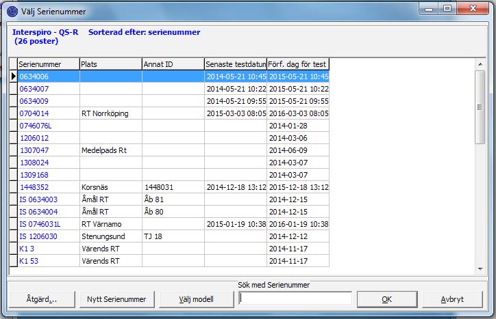5.3.2 LÄGGA TILL SERIENUMMER I SAMBAND MED TEST Om ett serienummer saknas vid start av en apparattest, kan detta serienummer läggas till i testdatabasen direkt från listan Välj serienummer. 2.