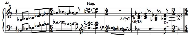 Det kan tyckas löjligt, men jag tycker det fyller sin funktion. Det ger bra skjuts in i nästa period. Basen spelar ensam sitt höga G i flageolett, och nästa del börjar på Ab.