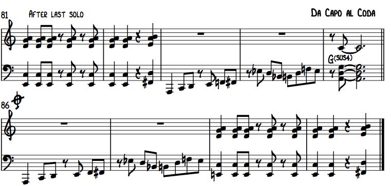 Nästan alla bildexempel ovanför är ställen i låten där jag som basist, tillsammans med piano eller saxofon, kan sträcka ut och väcka lyssnarens uppmärksamhet.