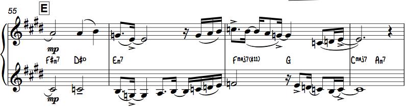 Tema Detta riff fortsätter genom samtliga A-delar och harmoniken är enkel, E, A och B. Rena durackord som ger plats åt melodierna som spelas av saxofon och trumpet.