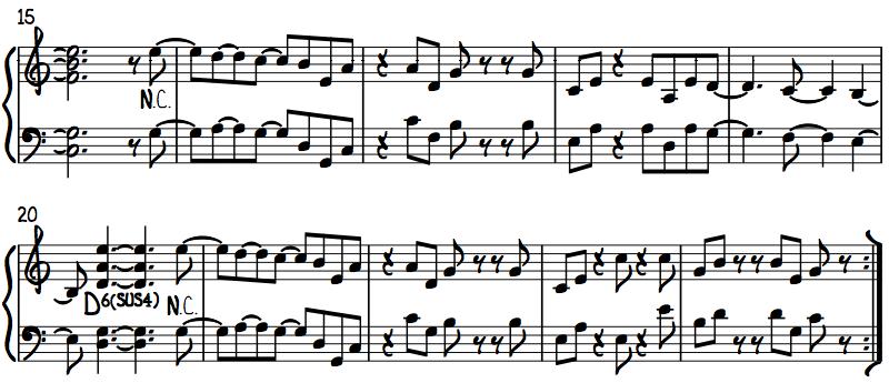 Bildexempel 49 B Subito piano och bara trumpet, sax och gitarren som här får ta det rytmiska ansvaret.