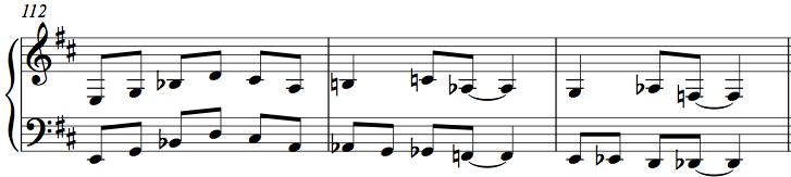 Detta i sin tur mynnar ut i ett melodiskt citat av saxofonens intromelodi (se takt 11), denna gång trestämmigt arrangerad i A-dur och 6/4-takt.