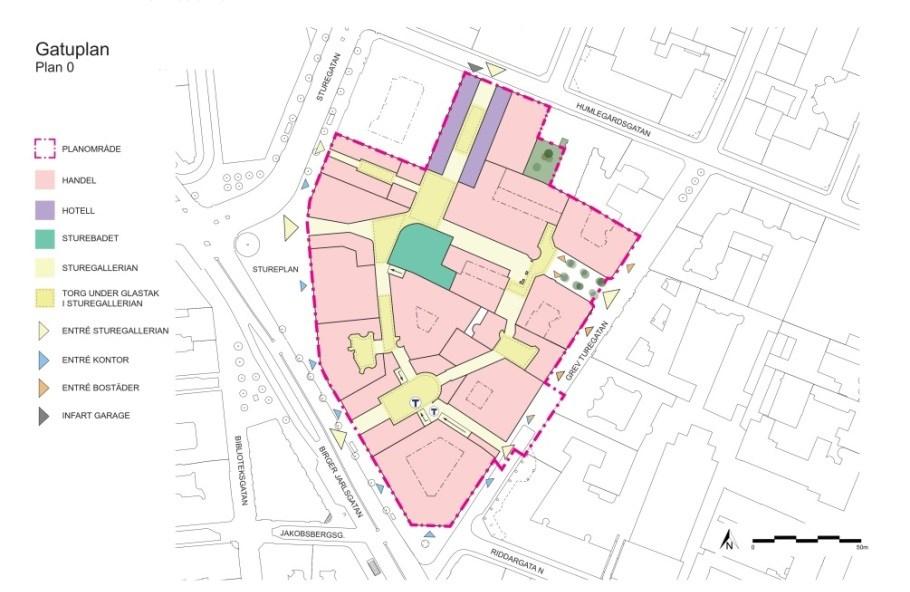 Sida 10 (27) Plansamrådsförslaget innebär att kvarterets gatuplan samt källarvåning, plan 1, reserveras för handel i den nya galleria som föreslås ersätta den befintliga Sturegallerian.