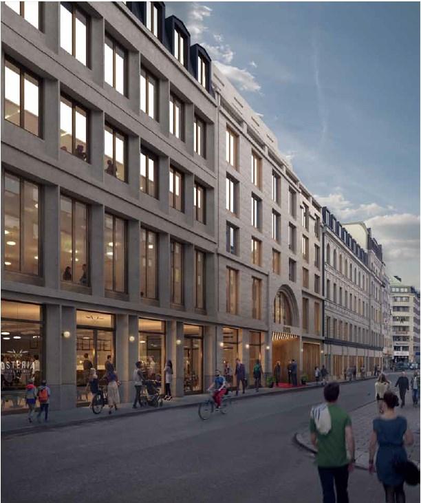 Sida 20 (27) Den befintliga byggnaden från 1980-talet på Humlegårdsgatan 17 föreslås ersättas med två byggnader, ett kontorshus och ett hotell.
