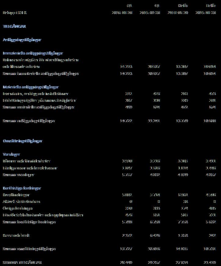 Koncernens balansräkning Q1-2016/2017, tillgångar Sidan 8 Delårsapport Q1 Lagervärdet uppgick till 5,8 Mkr,