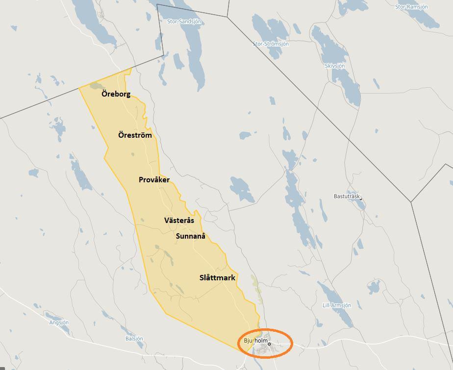 Lägesbeskrivning Västra sidan av Öreälven Figur 8: Karta över området Västra sidan av Öreälven med referenspunkt till Bjurholms centralort.