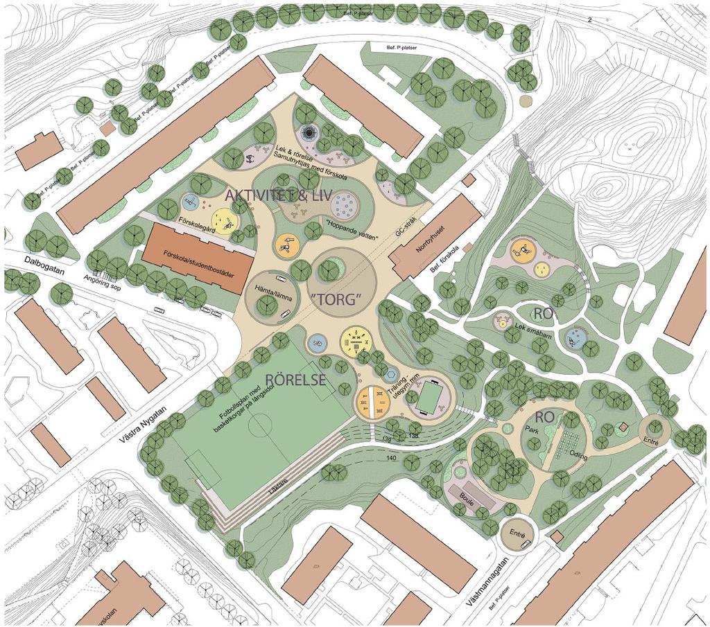 En visionsskiss för hur Kronängsparken och omkringliggande ytor kan komma att se ut: Handlingsalternativ Nollalternativ: Föreslagna åtgärder utförs inte varvid behovet kvarstår att utveckla och skapa