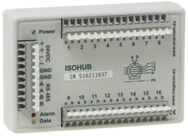 Sida 9 (24) 2.1.3 IsoHub/IsoIn Denna enhet, som har 16 ingångar för jordfelsmätning, enheten innehåller följande: 16 individuella ingångar för mätning av jordfelsström med hjälp av summaströmtrafo.
