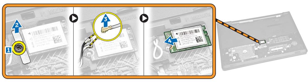 Installera minnesmodulen 1. För in minnesmodulen i sockeln och tryck på den för att låsa spärrhakarna. 2. Installera: a. åtkomstpanel b. batteriet 3.