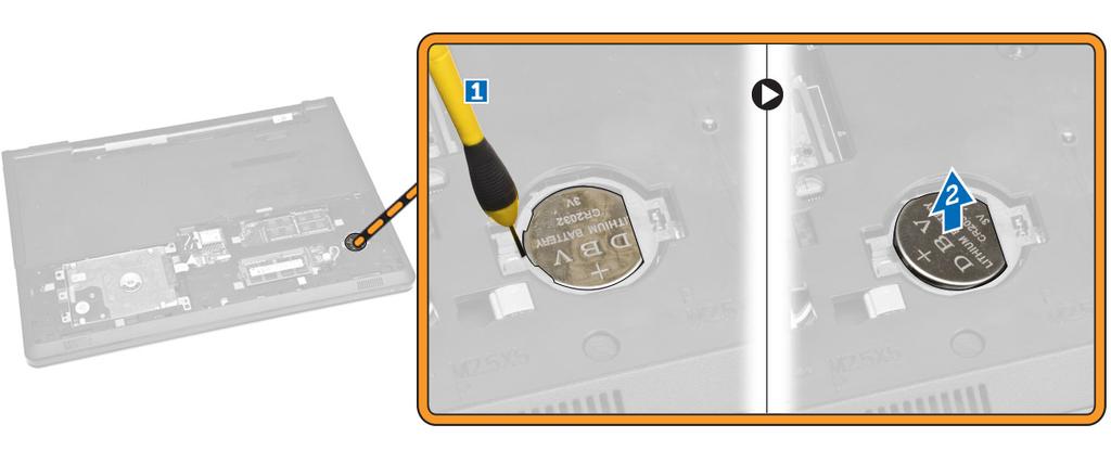 Installera knappcellsbatteriet 1. Sätt i knappcellsbatteriet och tryck på det för att låsa det. 2. Installera: a. åtkomstpanel b.