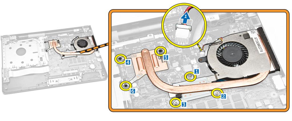 Ta bort kylflänsmonteringen 1. Följ anvisningarna i Innan du arbetar inuti datorn. 2. Ta bort: a. batteri b. optisk skivenhet c. åtkomstpanel d. hårddisk e. minnesmodul f. tangentbord g. baskåpa 3.