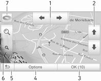 82 Navigation Peka var som helst på kartan. Markören indikerar den aktuella positionen. För att bläddra i kartan drar du den i önskad riktning.